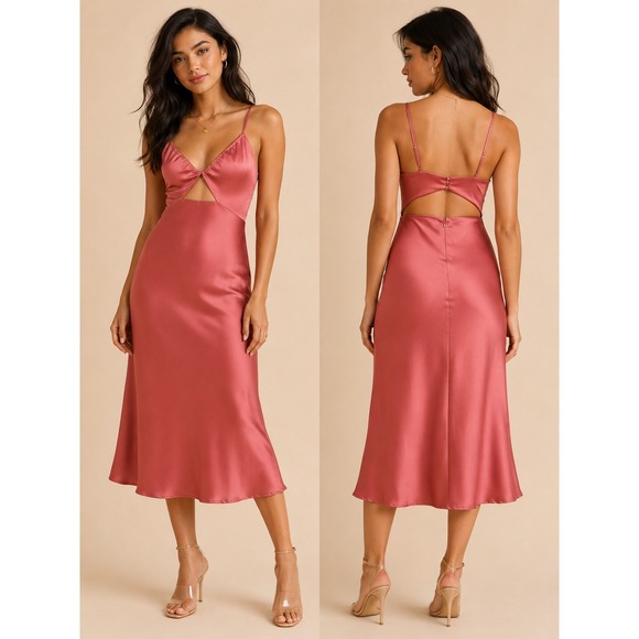 Petal + Pup Dresses & Skirts - Petal + Pup Poppy Cut Out Midi Slip Dress M Rose Pink Satin Wedding Cocktail